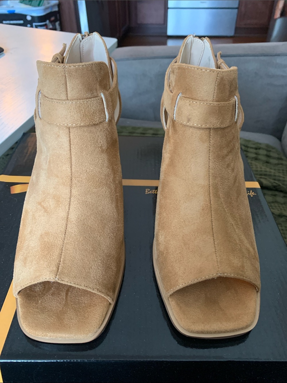 Suede Open-Toe Tan Mule Clogs with Ankle Strap
